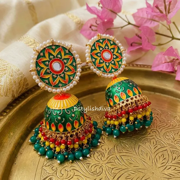 Green_Yellow_Red_Brass_Meenakari_Dome_Pearl_Jhumka_Earrings_For_Women