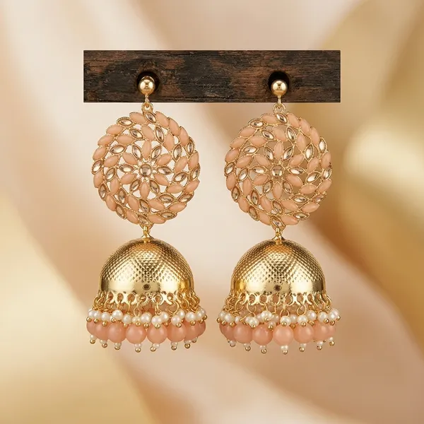 Peach_Brass_Gold_Tone_Beaded_Jhumka_Earrings_For_Women