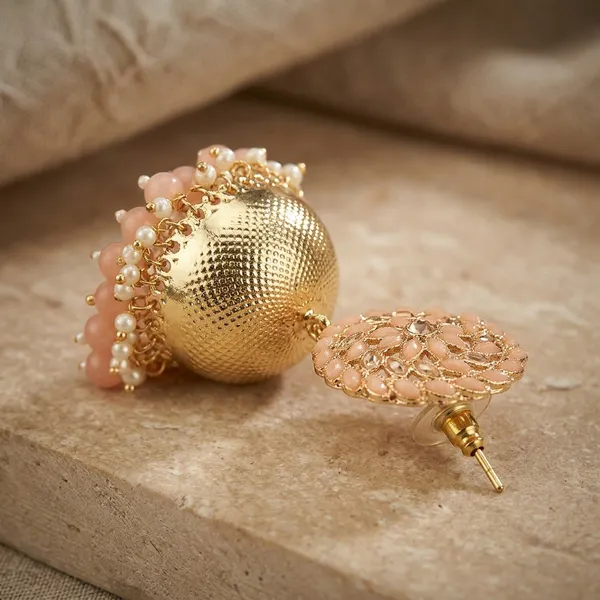 Peach_Brass_Gold_Tone_Beaded_Jhumka_Earrings_For_Women