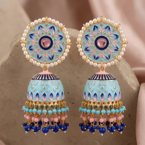 Blue_Brass_Meenakari_Dome_Pearl_Jhumka_Earrings_For_Women