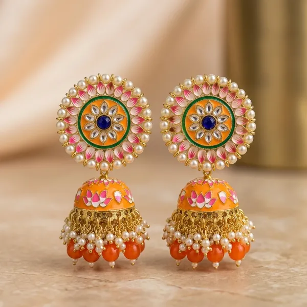 Orange_Brass_Meenakari_Pearl_Jhumka_Earrings_For_Women