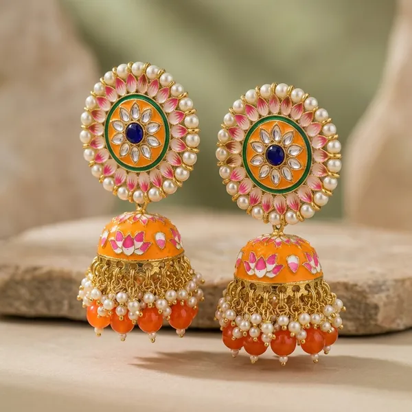 Orange_Brass_Meenakari_Pearl_Jhumka_Earrings_For_Women
