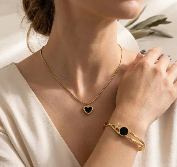 Combo_Gold_Plated_Black_Stone_Geometric_Cuff_Bracelet_and_Gold_Heart_Pendant_Necklace_with_Delicate_Chain_for_Women