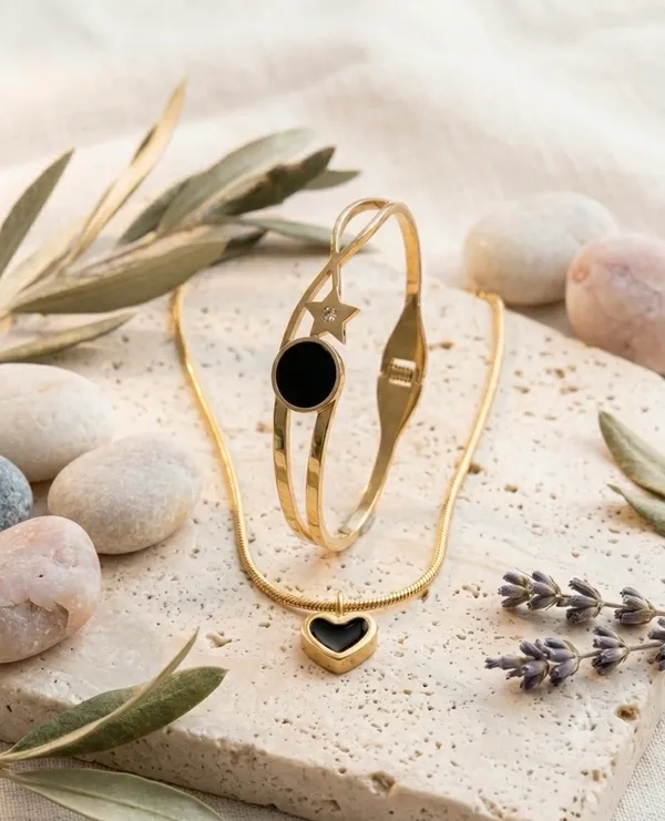 Combo_Gold_Plated_Black_Stone_Geometric_Cuff_Bracelet_and_Gold_Heart_Pendant_Necklace_with_Delicate_Chain_for_Women