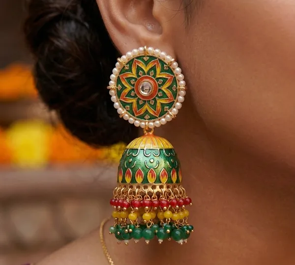 Green_Yellow_Red_Brass_Meenakari_Dome_Pearl_Jhumka_Earrings_For_Women