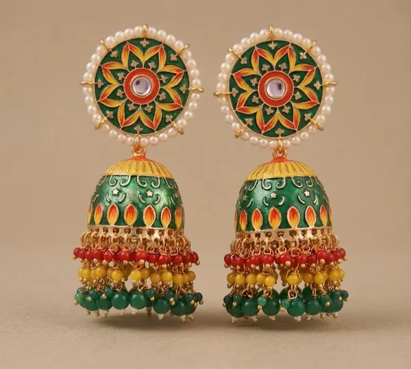 Green_Yellow_Red_Brass_Meenakari_Dome_Pearl_Jhumka_Earrings_For_Women
