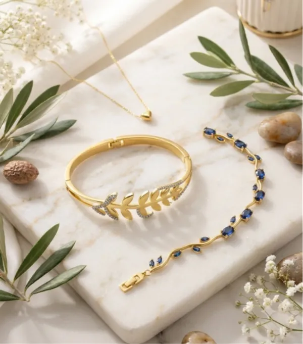 Gold_Heart_Pendant_Delicate_Chain_Necklace__and_Gold_Plated_Leaf_Pattern_Crystal_Embellished_Bracelet_and_Gold_Plated_Blue_Stone_Bracelet_for_Women