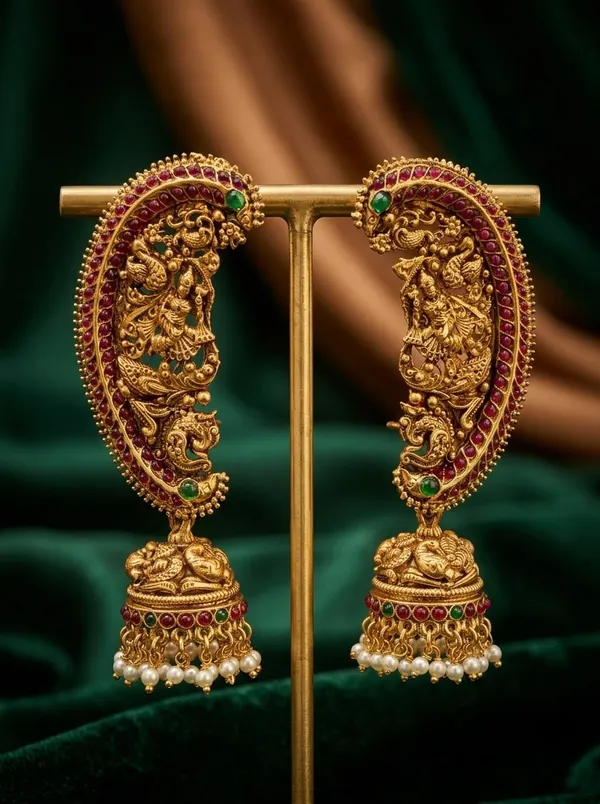 The_Stylish_Diva_Traditional_Gold-Plated_Ear_Cuff_Jhumki_Earrings_for_Women_|_Antique_Temple_Jewelry_with_beautiful_stones_Stones_|_Festive_&_Bridal_Earrings