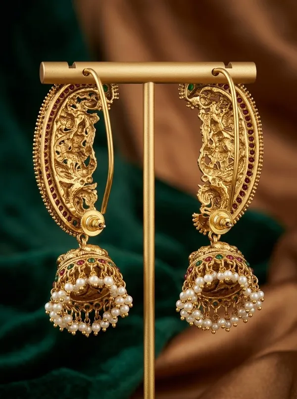 The_Stylish_Diva_Traditional_Gold-Plated_Ear_Cuff_Jhumki_Earrings_for_Women_|_Antique_Temple_Jewelry_with_beautiful_stones_Stones_|_Festive_&_Bridal_Earrings