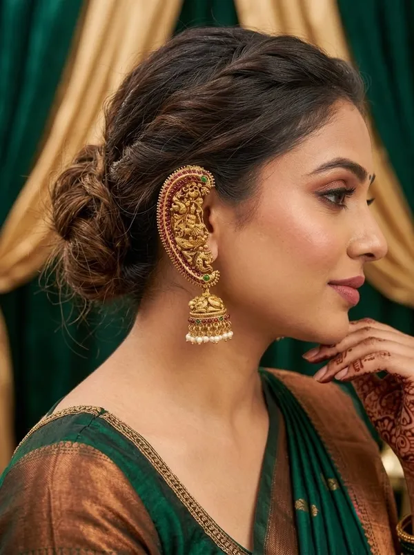 The_Stylish_Diva_Traditional_Gold-Plated_Ear_Cuff_Jhumki_Earrings_for_Women_|_Antique_Temple_Jewelry_with_beautiful_stones_Stones_|_Festive_&_Bridal_Earrings