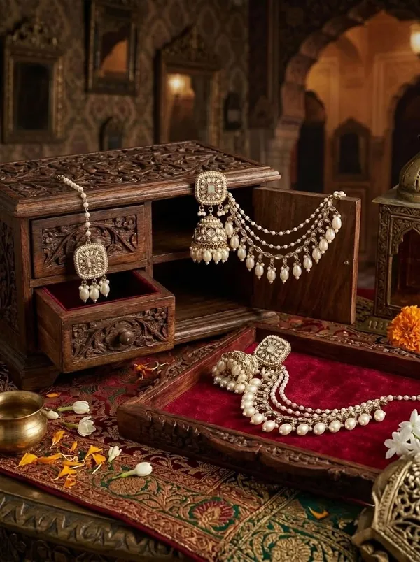 Traditional_Gold_Plated_Bahubali_Jhumka_Earrings_with_Maang_Tikka_Set_|_Pearl_&_Kundan_Ear_Chain_Jewelry_for_Wedding_&_Festive_Wear_for_Girls_and_Women