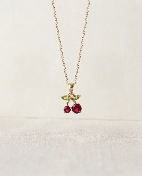 Gold_Stainless_Steel_Cherry_Pendant_Red_Green_Stone_Chain_For_Women