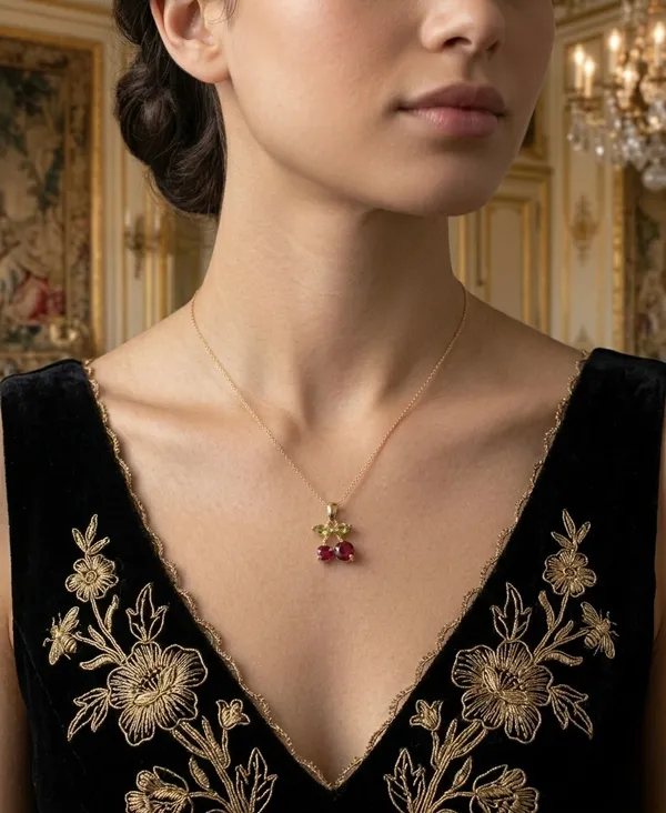 Gold_Stainless_Steel_Cherry_Pendant_Red_Green_Stone_Chain_For_Women