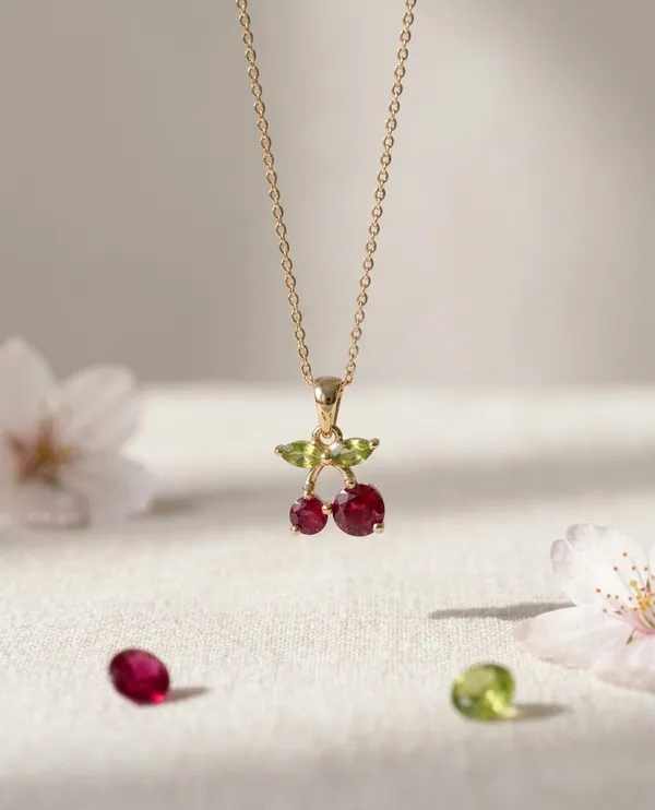 Gold_Stainless_Steel_Cherry_Pendant_Red_Green_Stone_Chain_For_Women