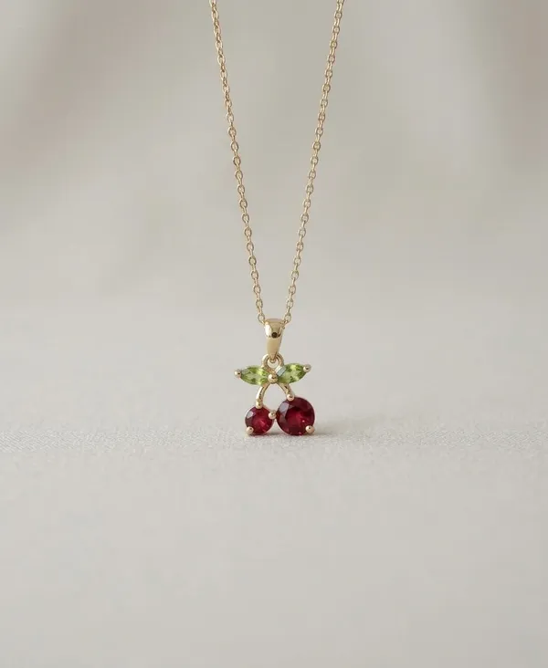 Gold_Stainless_Steel_Cherry_Pendant_Red_Green_Stone_Chain_For_Women