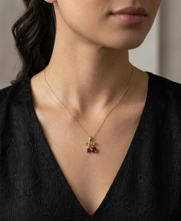 Gold_Stainless_Steel_Cherry_Pendant_Red_Green_Stone_Chain_For_Women