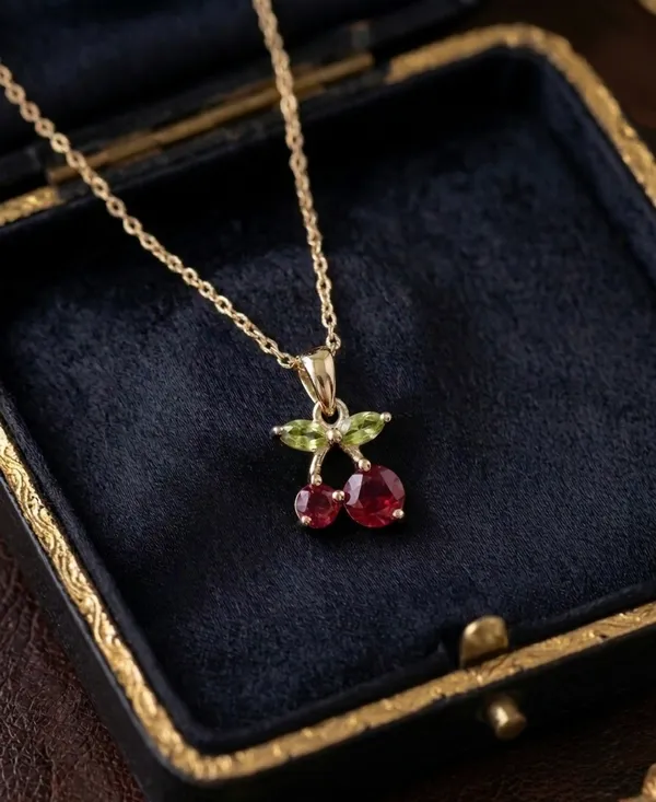 Gold_Stainless_Steel_Cherry_Pendant_Red_Green_Stone_Chain_For_Women