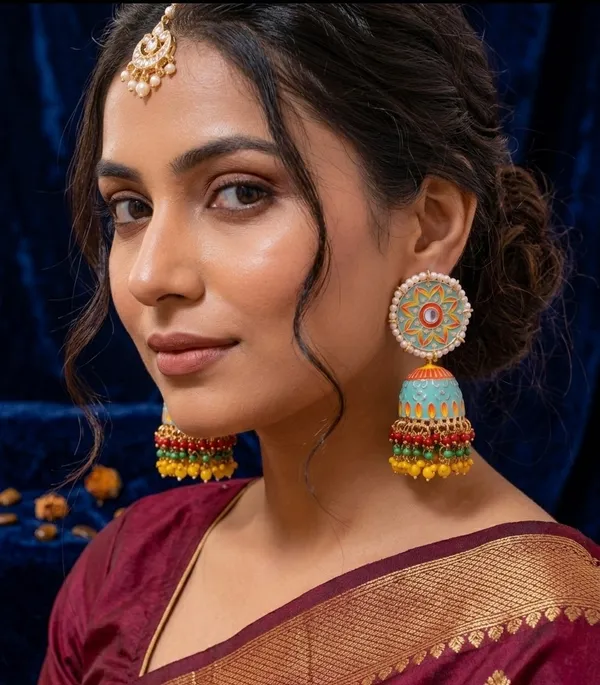 Turquoise_Brass_Meenakari_Dome_Pearl_Bead_Dangler_Jhumka_Earrings_For_Women