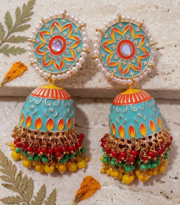 Turquoise_Brass_Meenakari_Dome_Pearl_Bead_Dangler_Jhumka_Earrings_For_Women