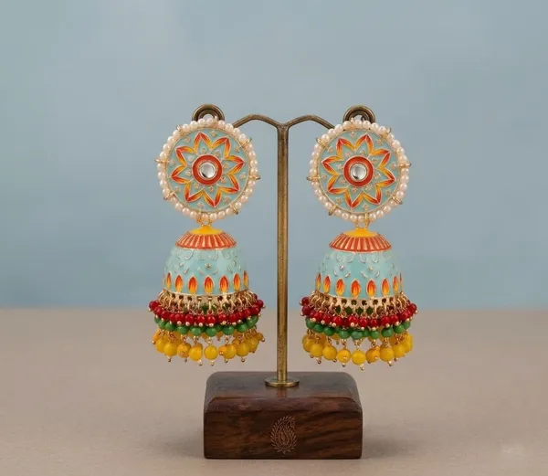 Turquoise_Brass_Meenakari_Dome_Pearl_Bead_Dangler_Jhumka_Earrings_For_Women