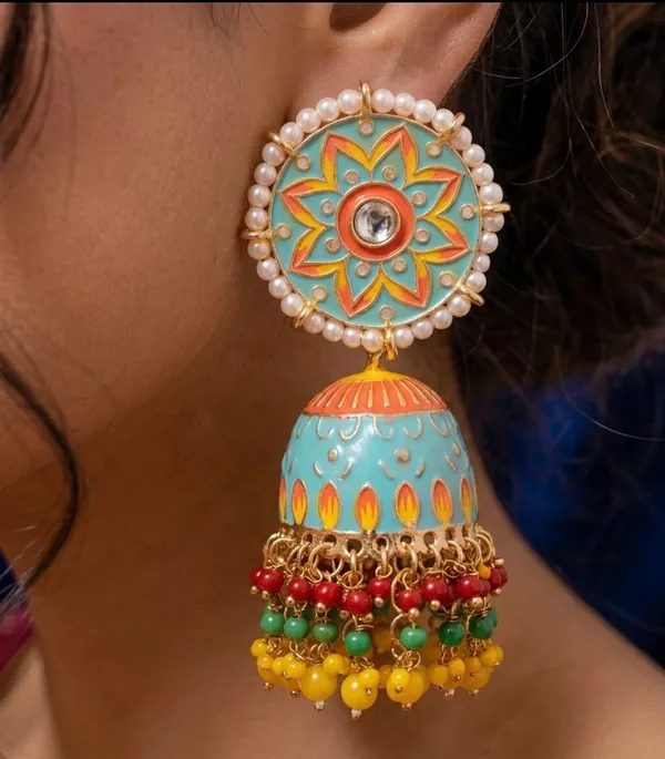 Turquoise_Brass_Meenakari_Dome_Pearl_Bead_Dangler_Jhumka_Earrings_For_Women