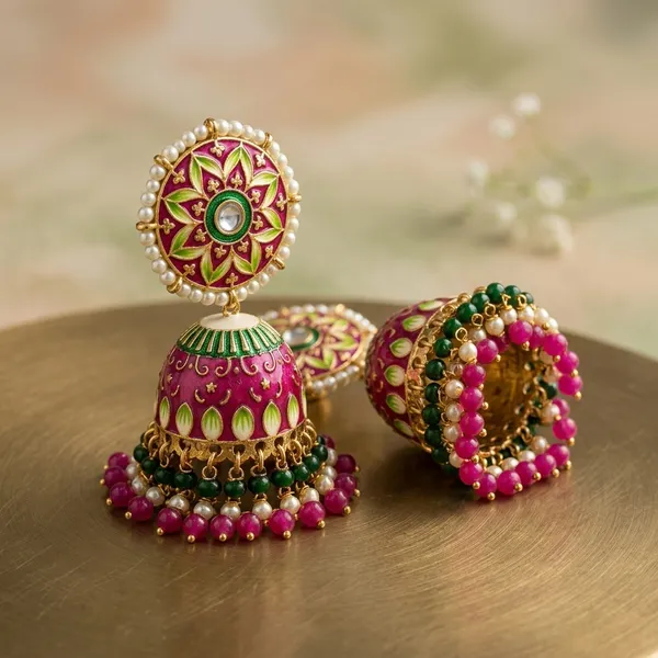 Magenta_Meenakari_Dome_Pearl_Jhumka_Earrings_For_Women