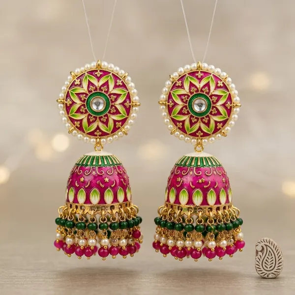 Magenta_Meenakari_Dome_Pearl_Jhumka_Earrings_For_Women