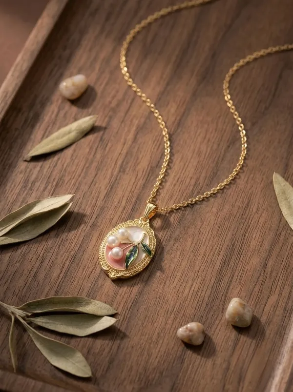 Gold_Stainless_Steel_Cherry_Enamel_Pendant_Chain_Necklace_For_Women