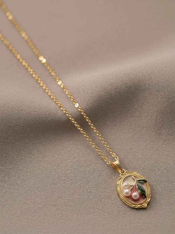 Gold_Stainless_Steel_Cherry_Enamel_Pendant_Chain_Necklace_For_Women
