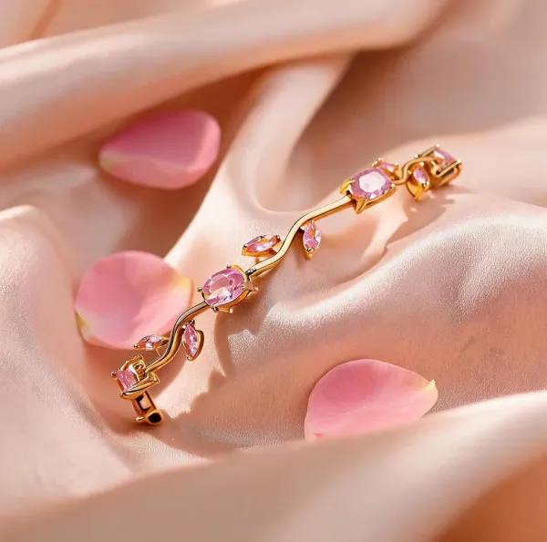 Gold_Stainless_Steel_Pink_Stone_Leaf_Design_Bracelet_For_Women
