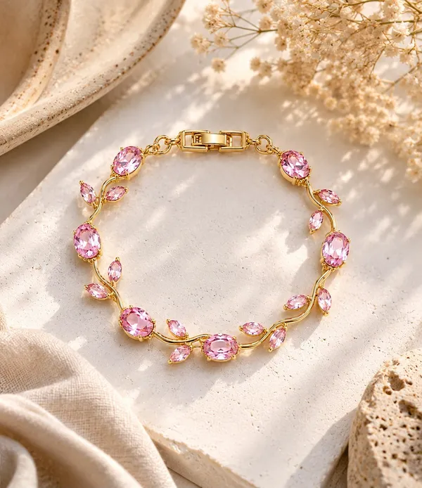 Gold_Stainless_Steel_Pink_Stone_Leaf_Design_Bracelet_For_Women