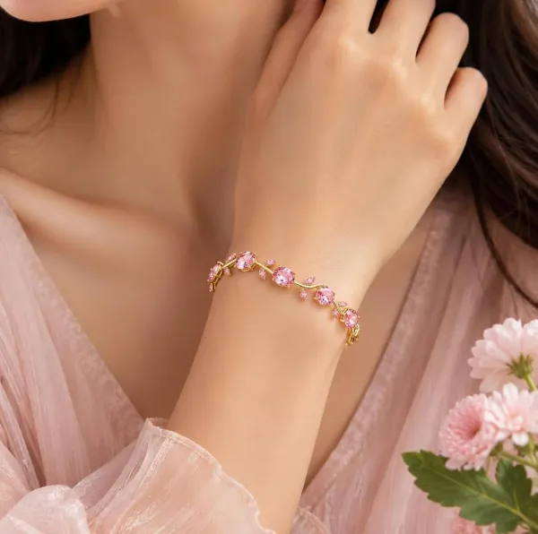 Gold_Stainless_Steel_Pink_Stone_Leaf_Design_Bracelet_For_Women
