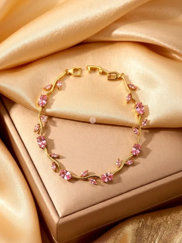 Gold_Stainless_Steel_Pink_Stone_Leaf_Design_Bracelet_For_Women
