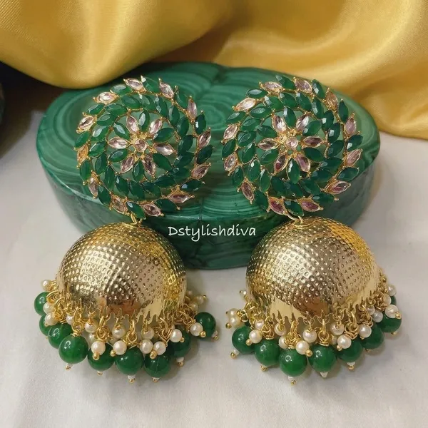 Gold_Brass_Green_Stone_Floral_Stud_Jhumka_Earrings_For_Women