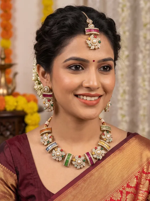 Multi_Trayi_Premium_Sabya_Inspired_Necklace_Set_with_Earring_&_Teeka