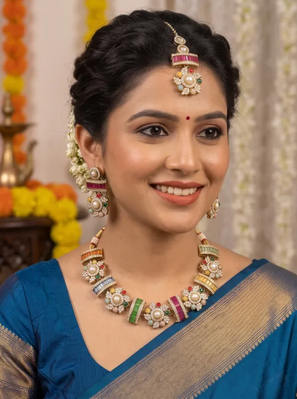 Multi_Trayi_Premium_Sabya_Inspired_Necklace_Set_with_Earring_&_Teeka