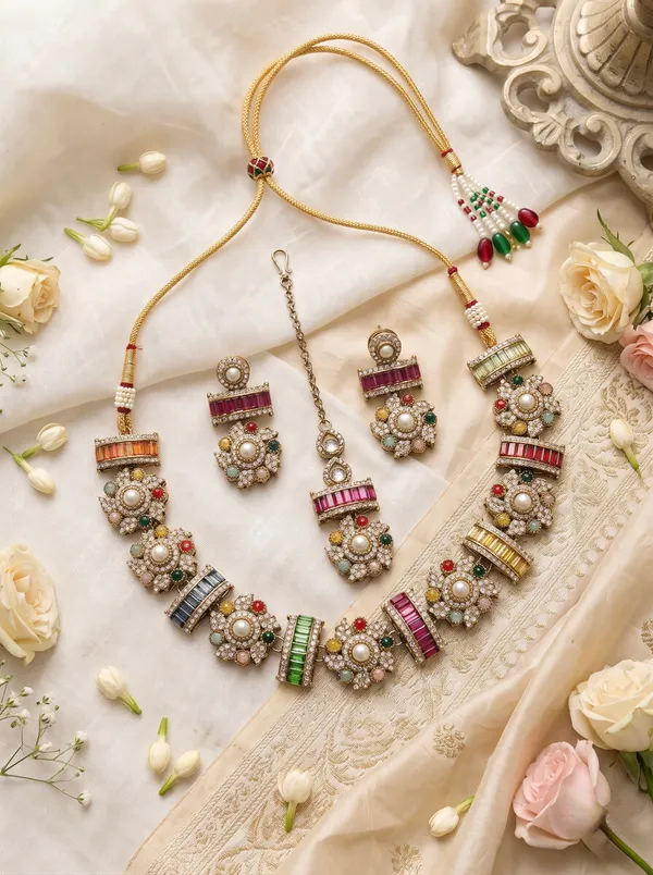 Multi_Trayi_Premium_Sabya_Inspired_Necklace_Set_with_Earring_&_Teeka