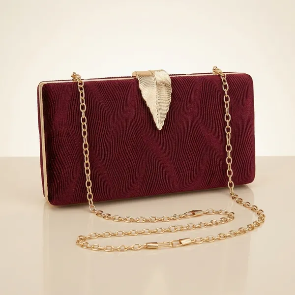 Maroon_Velvet_Textured_Gold_Chain_Strap_Clutch_For_Women