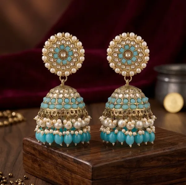 Turquoise_Brass_Gold_Plated_Pearl_Jhumka_Earrings_For_Women