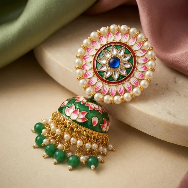 Green_Pink_Brass_Meenakari_Pearl_Jhumka_Earrings_For_Women
