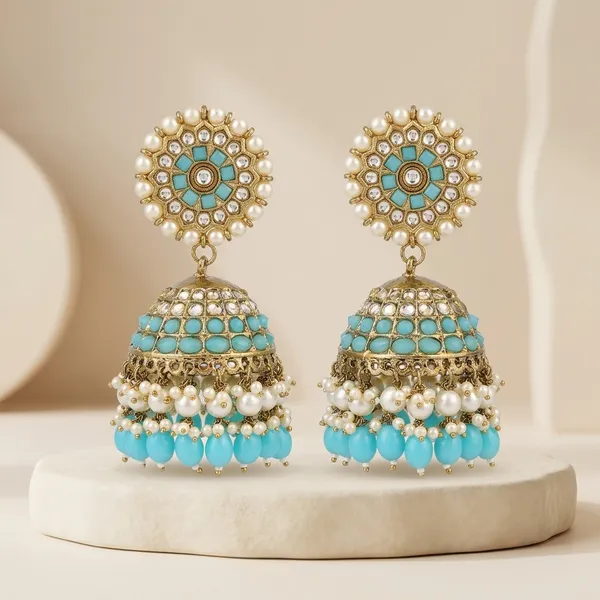 Turquoise_Brass_Gold_Plated_Pearl_Jhumka_Earrings_For_Women
