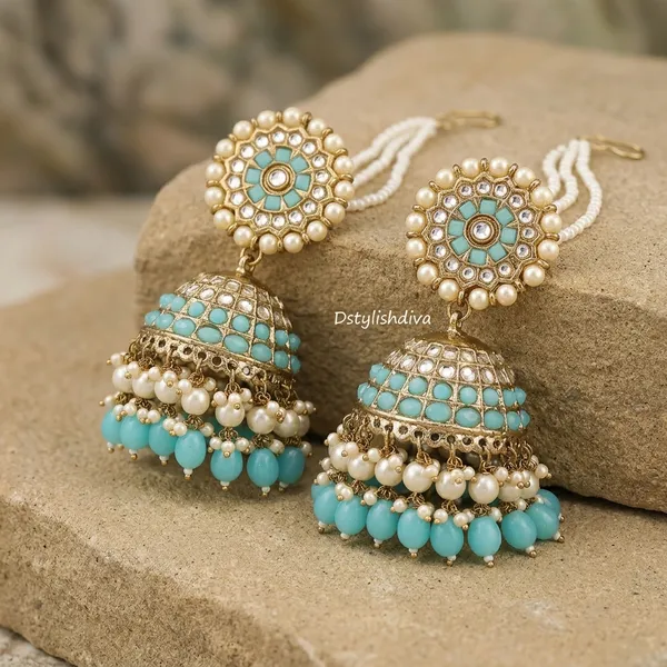 Turquoise_Brass_Gold_Plated_Pearl_Jhumka_Earrings_For_Women