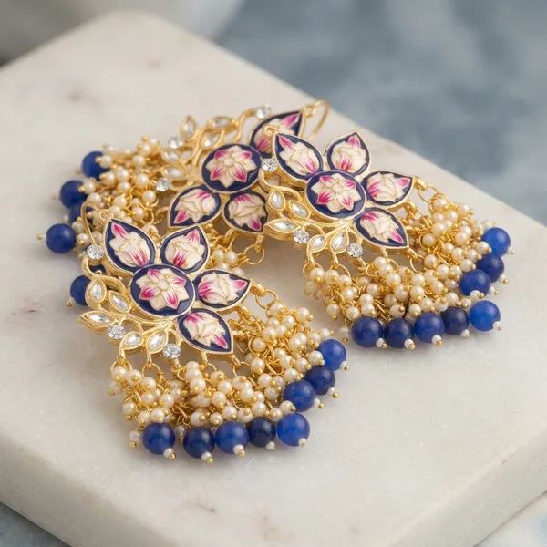Multicolor_Brass_Gold_Plated_Blue_Meenakari_Floral_Pearl_Cluster_Earrings_For_Women