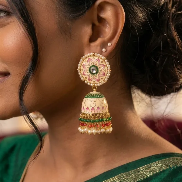 Peach_Gold_Brass_Meenakari_Dome_Pearl_Jhumka_Earrings_For_Women