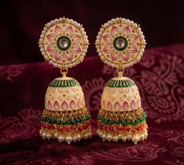 Peach_Gold_Brass_Meenakari_Dome_Pearl_Jhumka_Earrings_For_Women