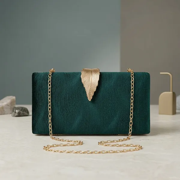 Green_Velvet_Textured_Gold_Chain_Strap_Clutch_For_Women