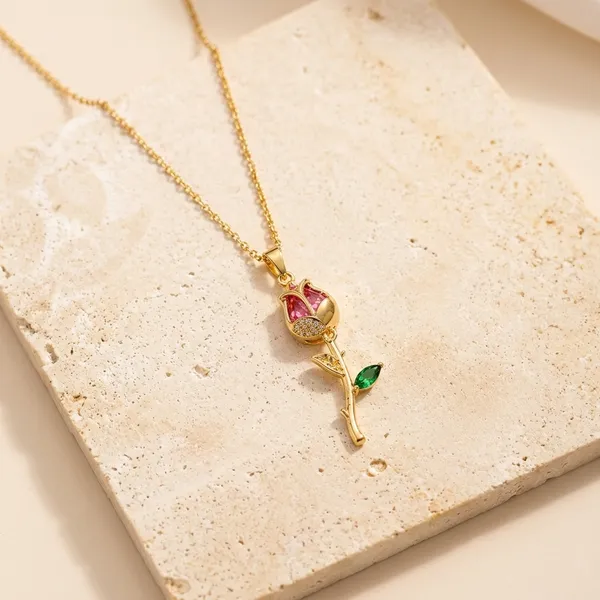 Gold_Stainless_Steel_Rose_Pendant_Pink_Green_Crystal_Chain_For_Women