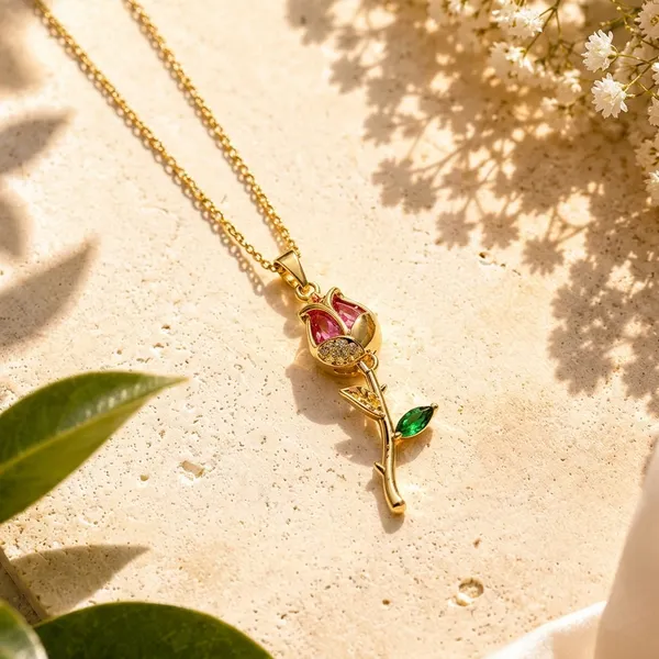Gold_Stainless_Steel_Rose_Pendant_Pink_Green_Crystal_Chain_For_Women