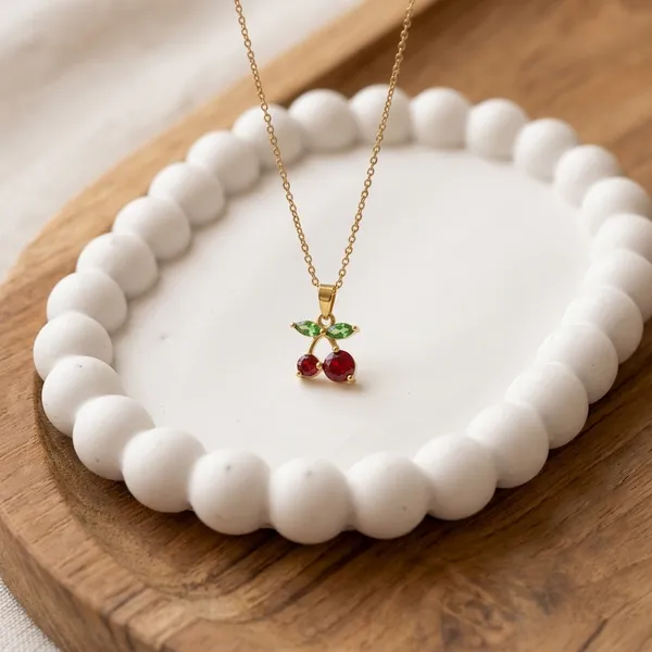 Gold_Stainless_Steel_Cherry_Pendant_Red_Green_Stone_Chain_For_Women