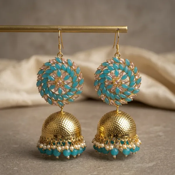 Turquoise_Brass_Gold_Tone_Jhumka_Earrings_For_Women
